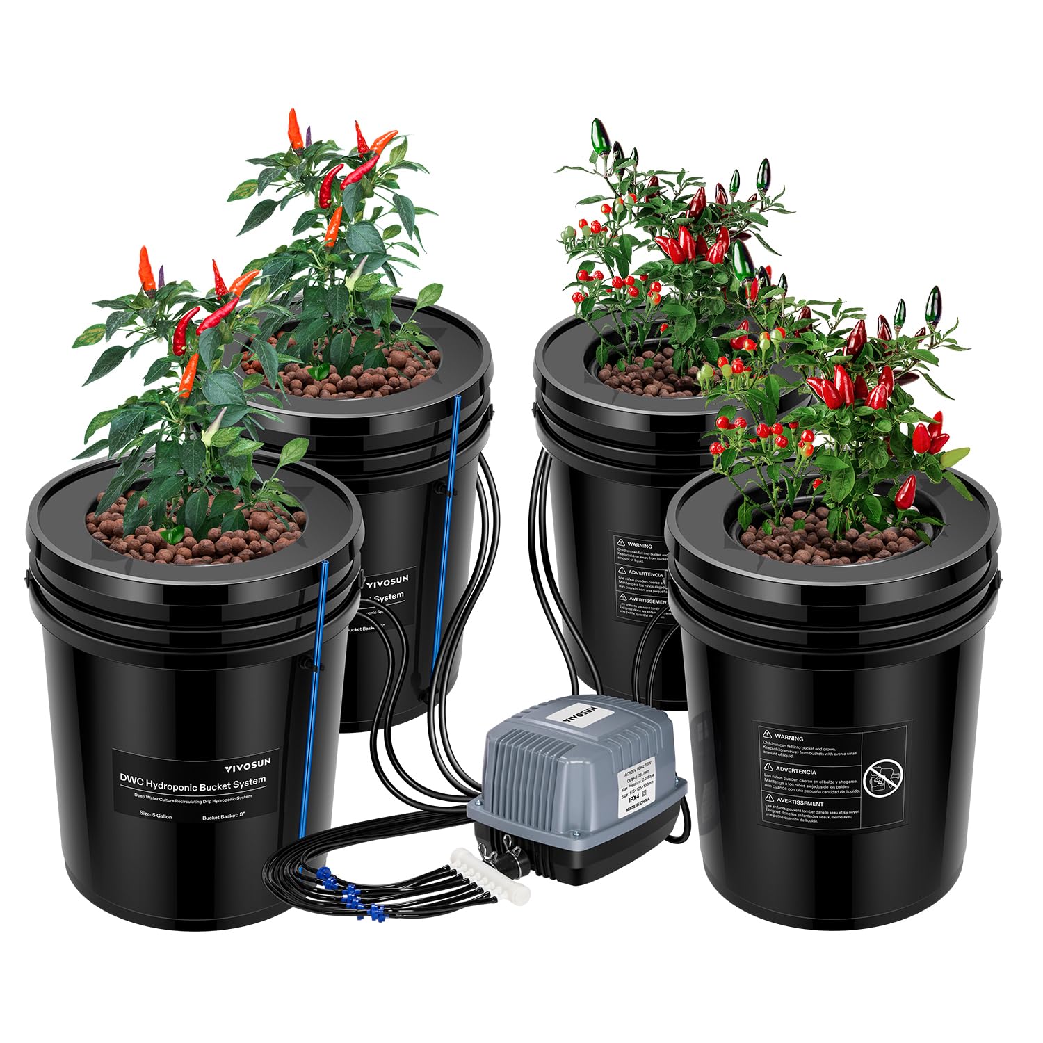 VIVOSUN DWC Hydrokultur-Wachstumssystem, 1,7 l tiefe Wasserkultur, Umlufttropfsystem mit Mehrzweck-Luftschlauch, Luftpumpe und Luftstein (4 Eimer + Top Drip Kit)