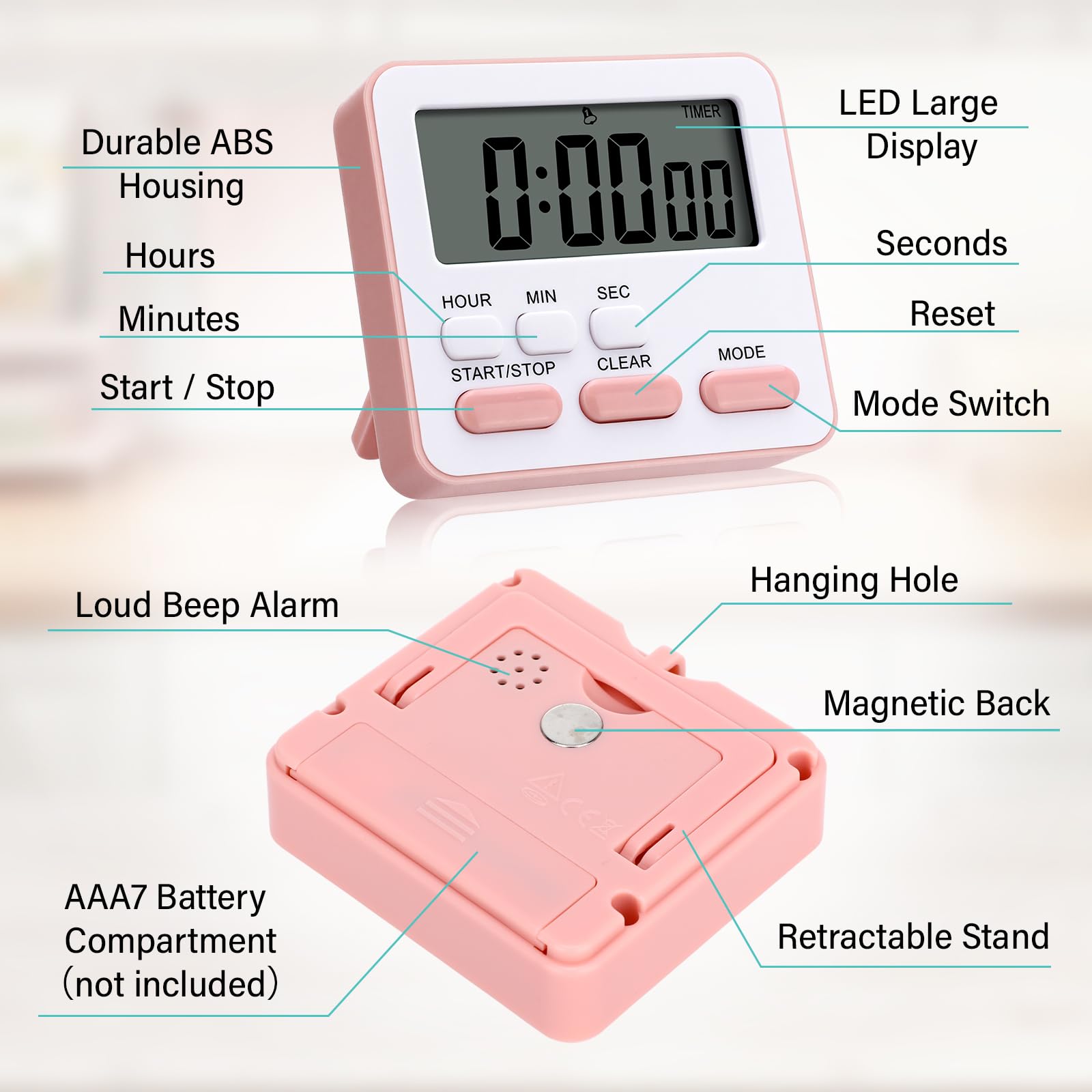 Leumoi 6 timer da cucina digitale 24 ore e funzione sveglia, timer on/off, minuti secondi, conto alla rovescia, allarme forte per esercizi di cottura
