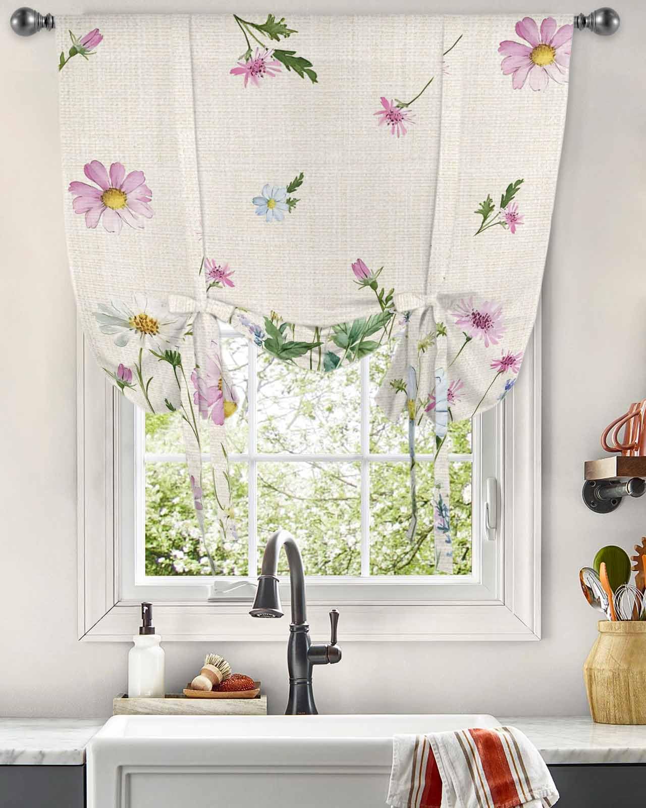 Flower Floral Tie Up Curtains for Windows 45 Inch Length Balloon Curtains Kitchen Adjustable Balloon Window Shade Blue Pink Daisy Botanical Countryside Tie Up Valance Bathroom Curtain Window 34