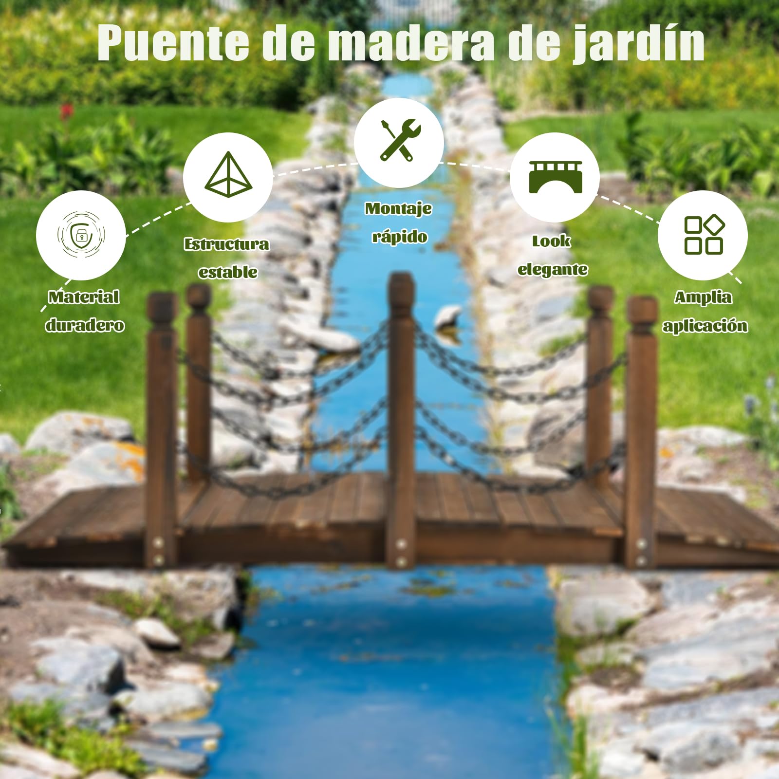 SOARS Puente de Jardín Madera con Barandilla y Cadenas, Puente de Pie Decorativo de Abeto con Capacidad de Carga de hasta 180 Kg, 150 x 67 x 55 cm, Puente Decorativo para Jardín, Estanque y Arroyo
