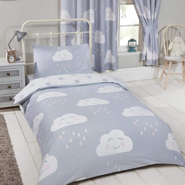 Price Right Home Happy Clouds Bedroom Range Kids Stars White / Grey - Duvet Cover Set & Curtains Available (Junior Duvet Cover Set)