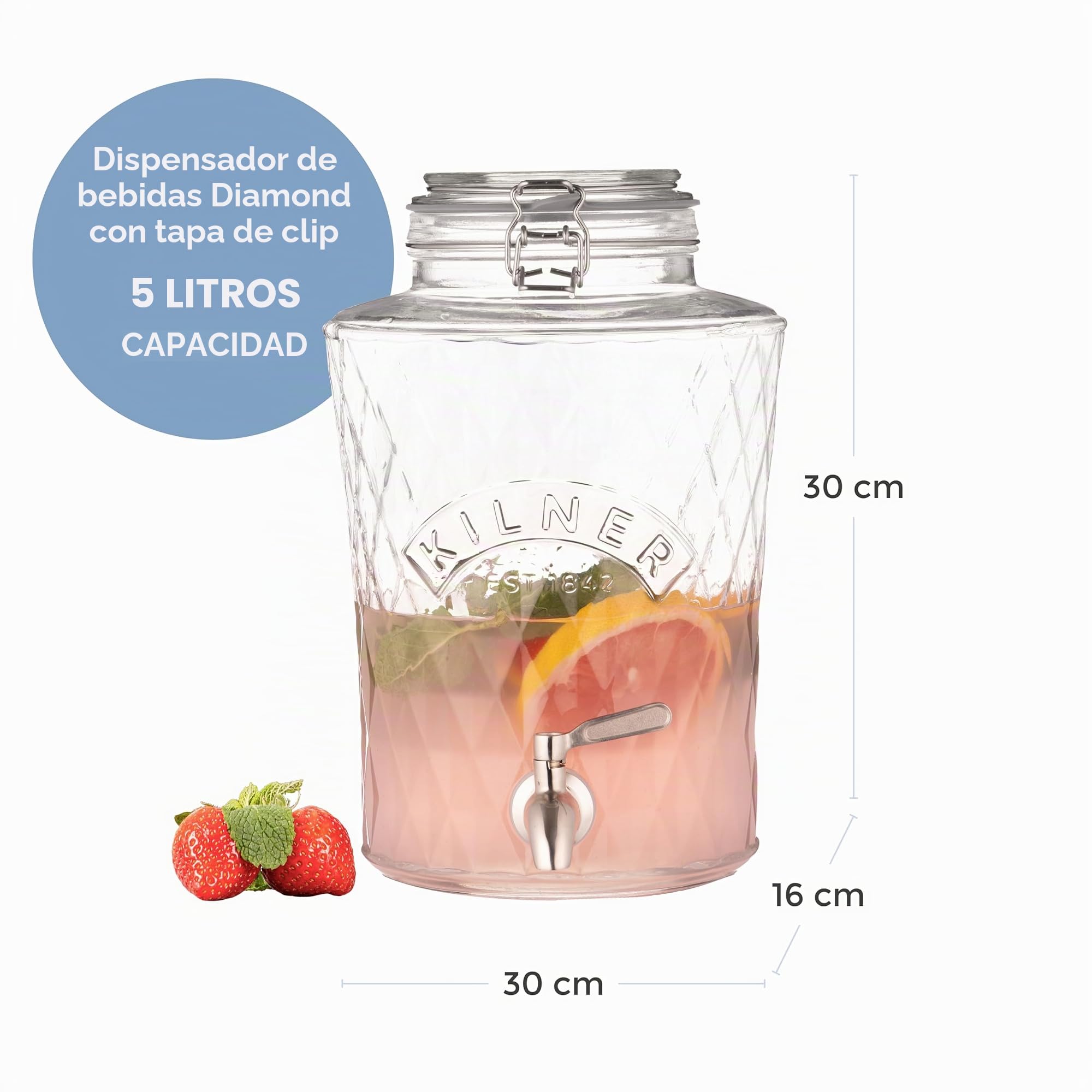 Kilner Diamond - Dispensador de bebidas de cristal de 5 litros con grifo de acero inoxidable, tapa hermética con clip y sello de silicona, ideal para zumos, cócteles y bebidas infundidas