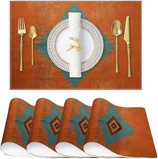 LMMIXEE Chinoiserie - Juego de 4 manteles individuales Ikat geométricos estilo suroeste, color marrón, decorativos, plegables, asiáticos, rústicos, decoración de mesa para cocina, mesa de comedor,