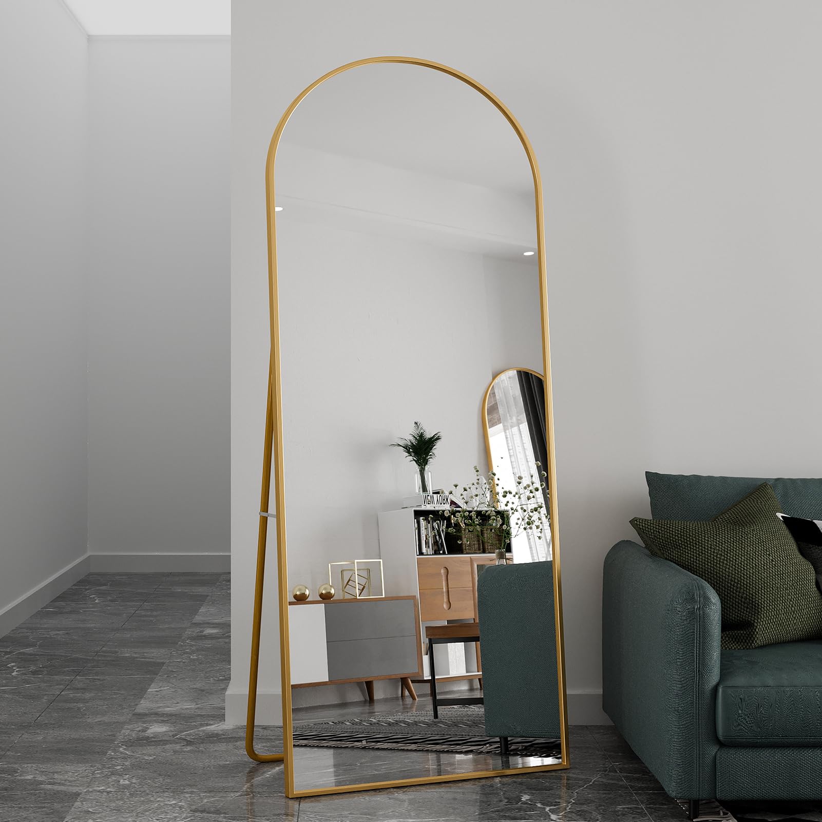 MOTUZP Specchio a Figura Intera, 180 x 80 cm Specchio da Terra ad Arco, Specchio da Parete o da Terra, Cornice in Lega di Alluminio Nera,Per Soggiorno, Camera da Letto, Corridoio (Archi oro)
