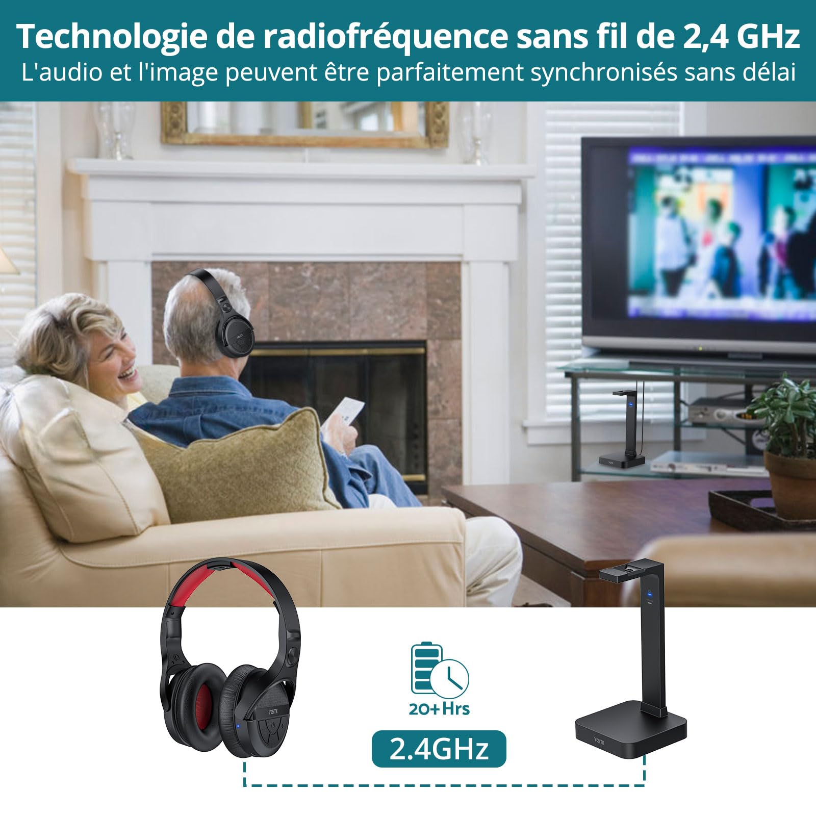 Casque sans Fil pour Télévision avec Station de Charge Émetteur RF 2,4 GHz Casque Supra-auriculaire avec Câble Optique à 3.5mm, Portée de 30 mètres et Batterie Rechargeable