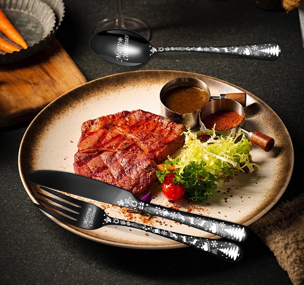 XIAOYU Weihnachtsbesteckset, 30-teilig, bestehend aus 12 x Gabeln, 12 x Löffeln, 6 x Messern, Edelstahl-Besteckset, einzigartiges dekoratives Besteckset mit Weihnachtsbaummuster, Roségold
