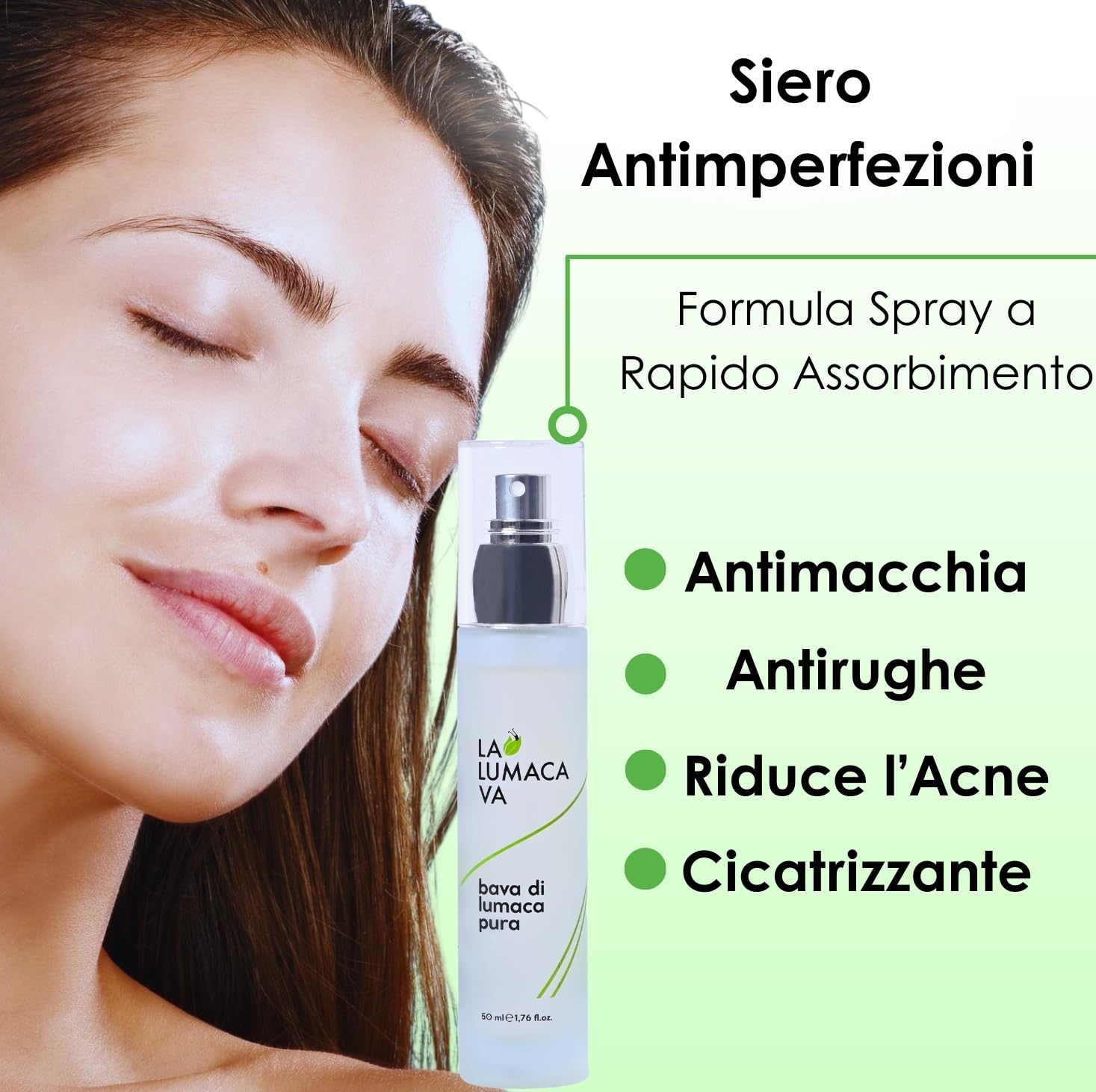 LA LUMACA VA Gesichtsserum aus 100 % reinem Schneckenschleim, gegen Unreinheiten, Anti-Falten, feuchtigkeitsspendend, beruhigend, Narbenbildung, Fleckenschutz, 50 ml, hergestellt in Italien