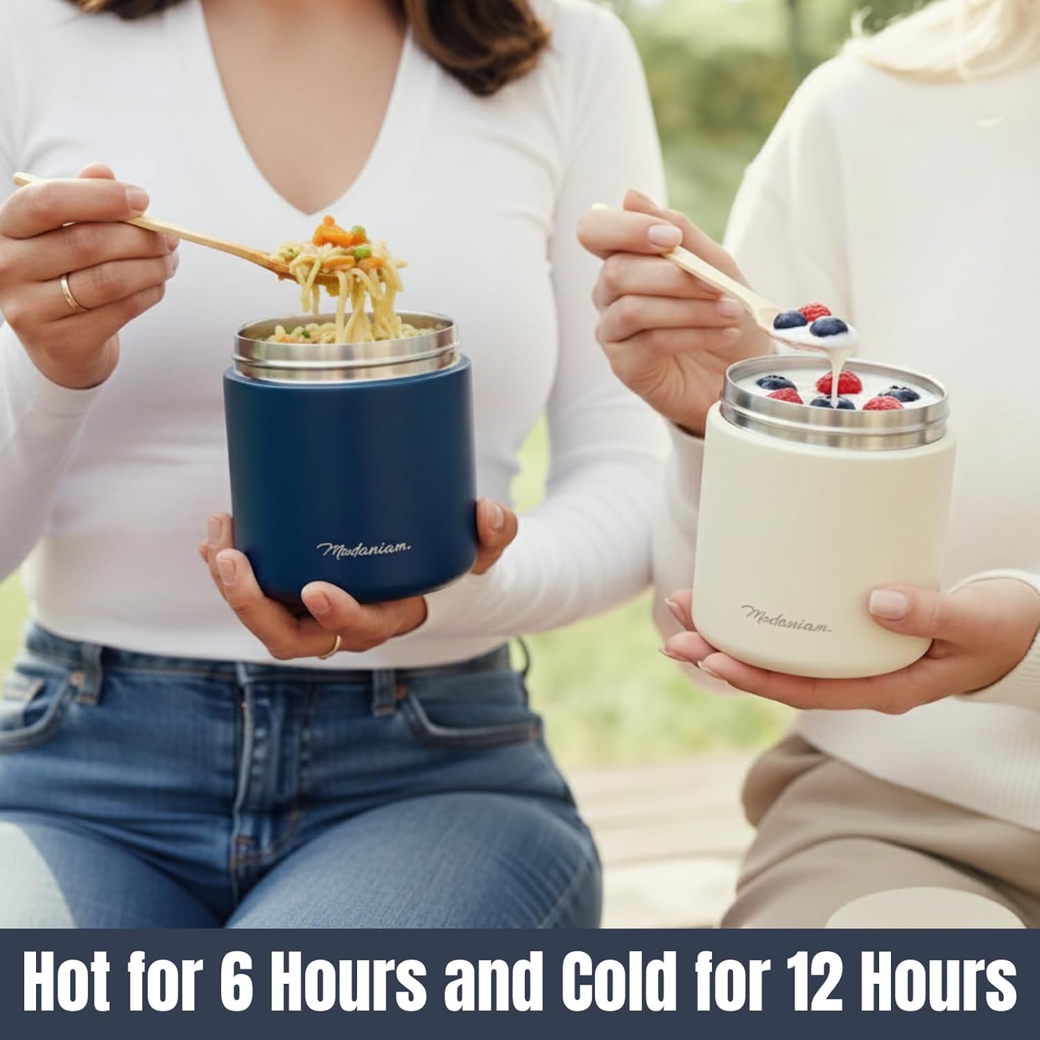 Stainless Steel Insulated Food Jar Set of 2 (16oz + 12oz) | Wide Mouth | Hot Food Lunch Container | Thermal Lunch Box | Insulated Soup Bowl | Hot & Cold Lunch Box for Adults, Teens | Vanilla - Image 2