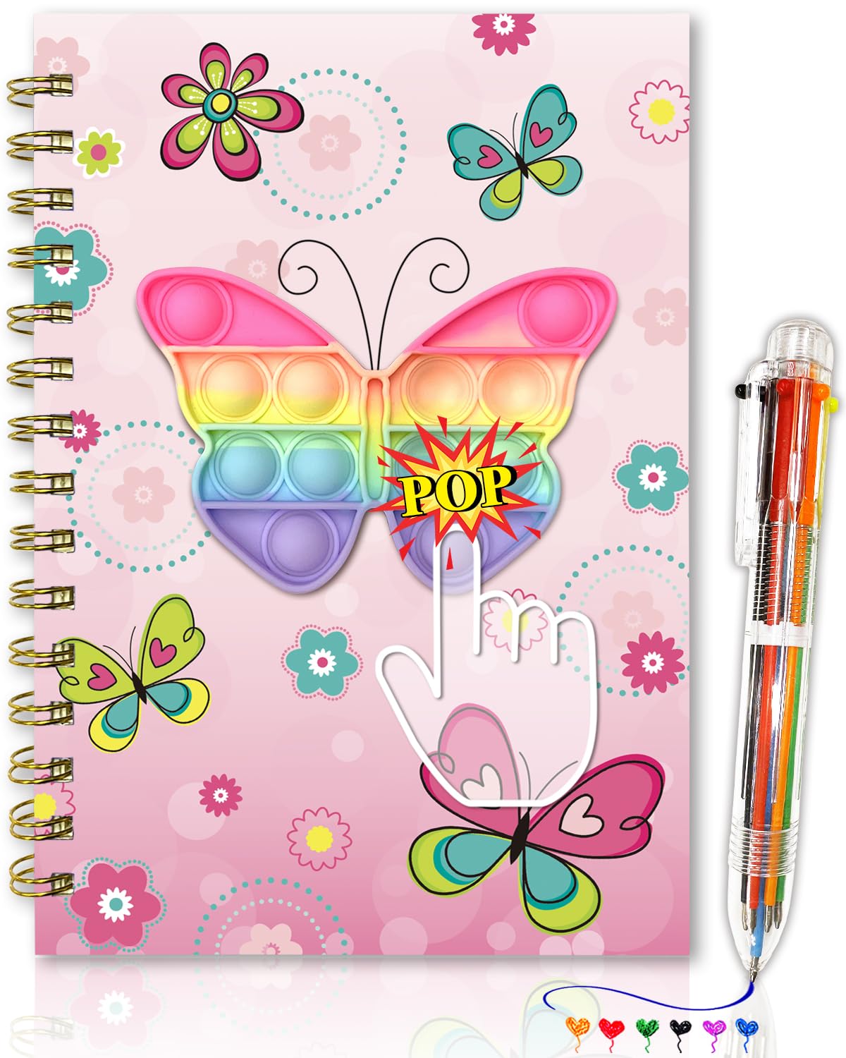 Pop Notebook for Girls with Pen, 21x14.5cm 160 Lined Pages Butterfly Spiral Journal for Girls with 6 Multicolor Pen Fidget Kids Diary Birthday Gifts for Girls & Boys Ages 5 6 7 8 9 10 Years