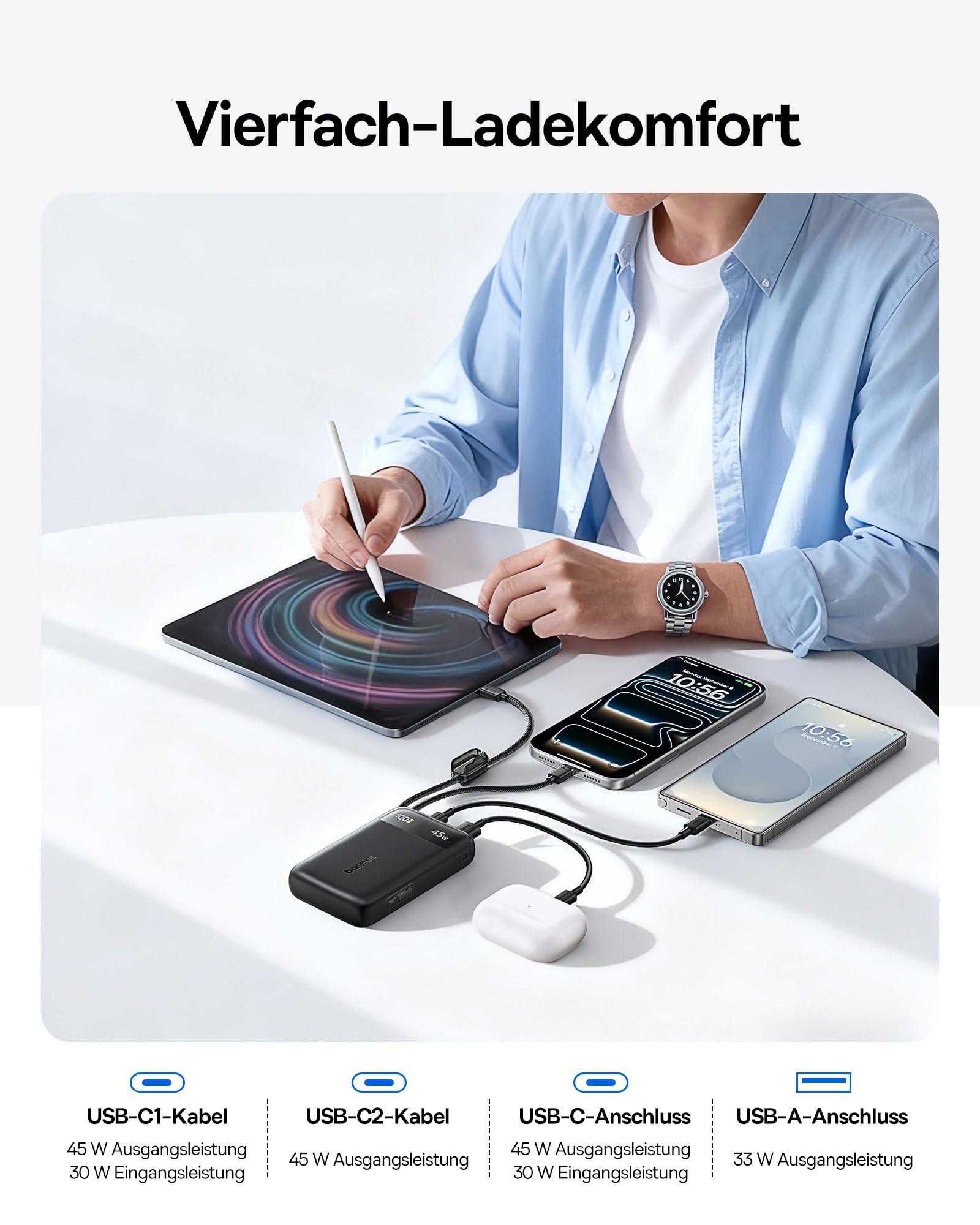 Baseus FC11 Powerbank 45W 20000mAh mit 2 Integriertem USB-C Kabel, Power Bank Klein CCC Zertifizierung mit LED Display, Externe Handyakkus Mini für iPhone 17/16/15/14 Pro Max, iPad, Samsung, Schwarz