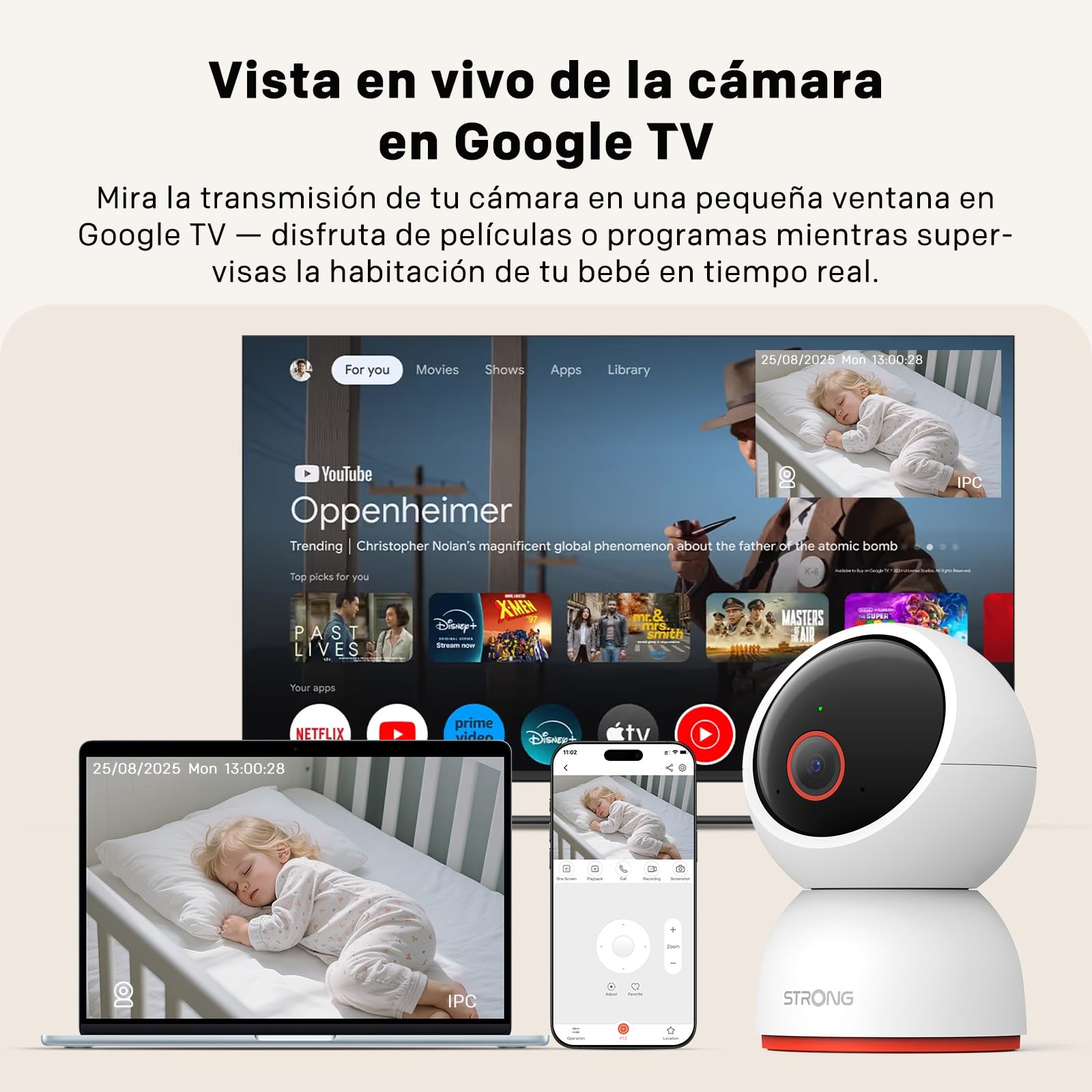 Cámara de seguridad interior 4K de 8 MP, visión panorámica e inclinación de 360°, detección movimiento, wifi 2.4G/5G, visión nocturna, almacenamiento en la nube y tarjeta SD de 512 GB, aplicación.