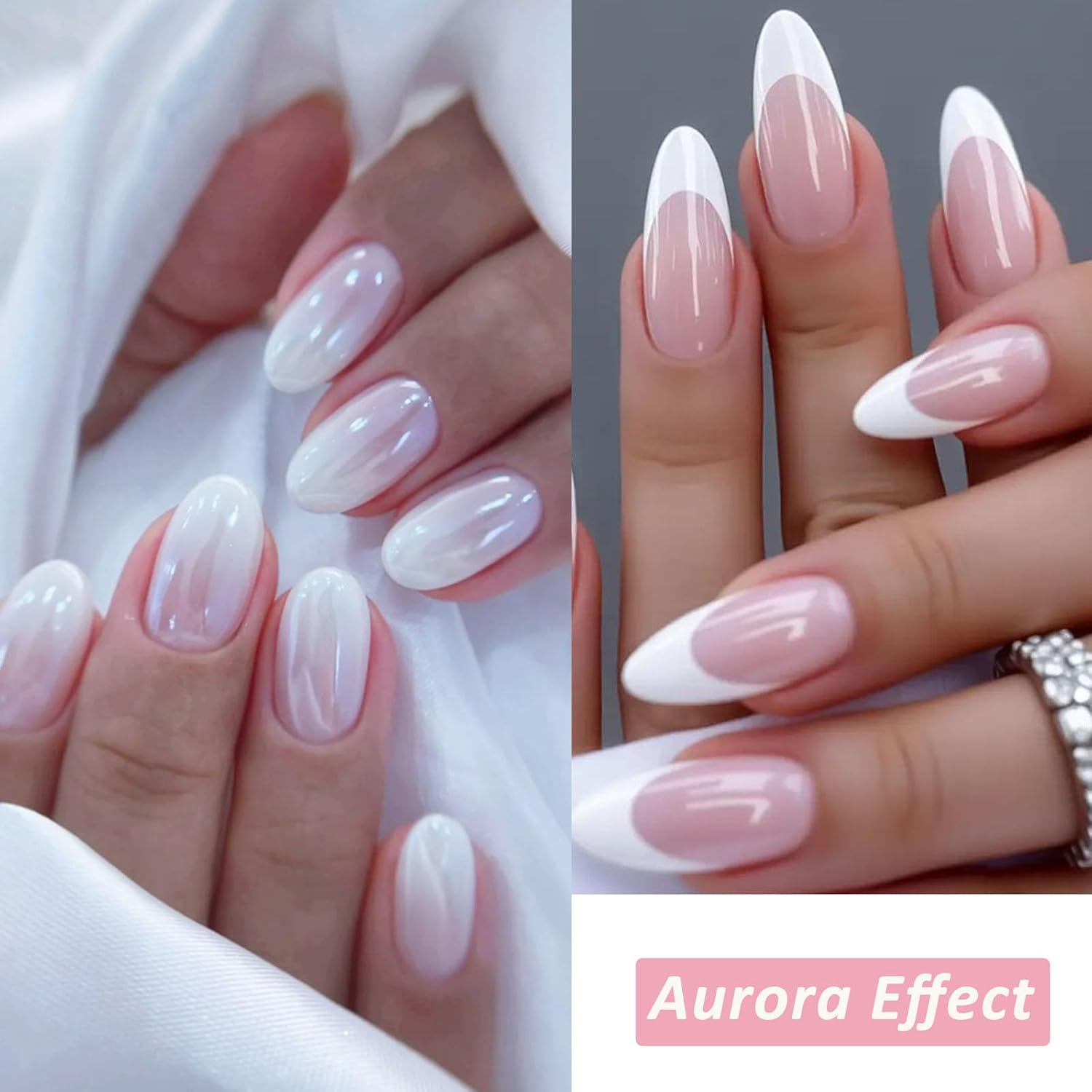 2 Box Pearl Chrome Nail Powder Set, Pearlescent White and Pink Metallic Mirror Effect Pigment, Holographic Shimmer Glitter Dust, Nail Art Decoration,with Sponge Applicators