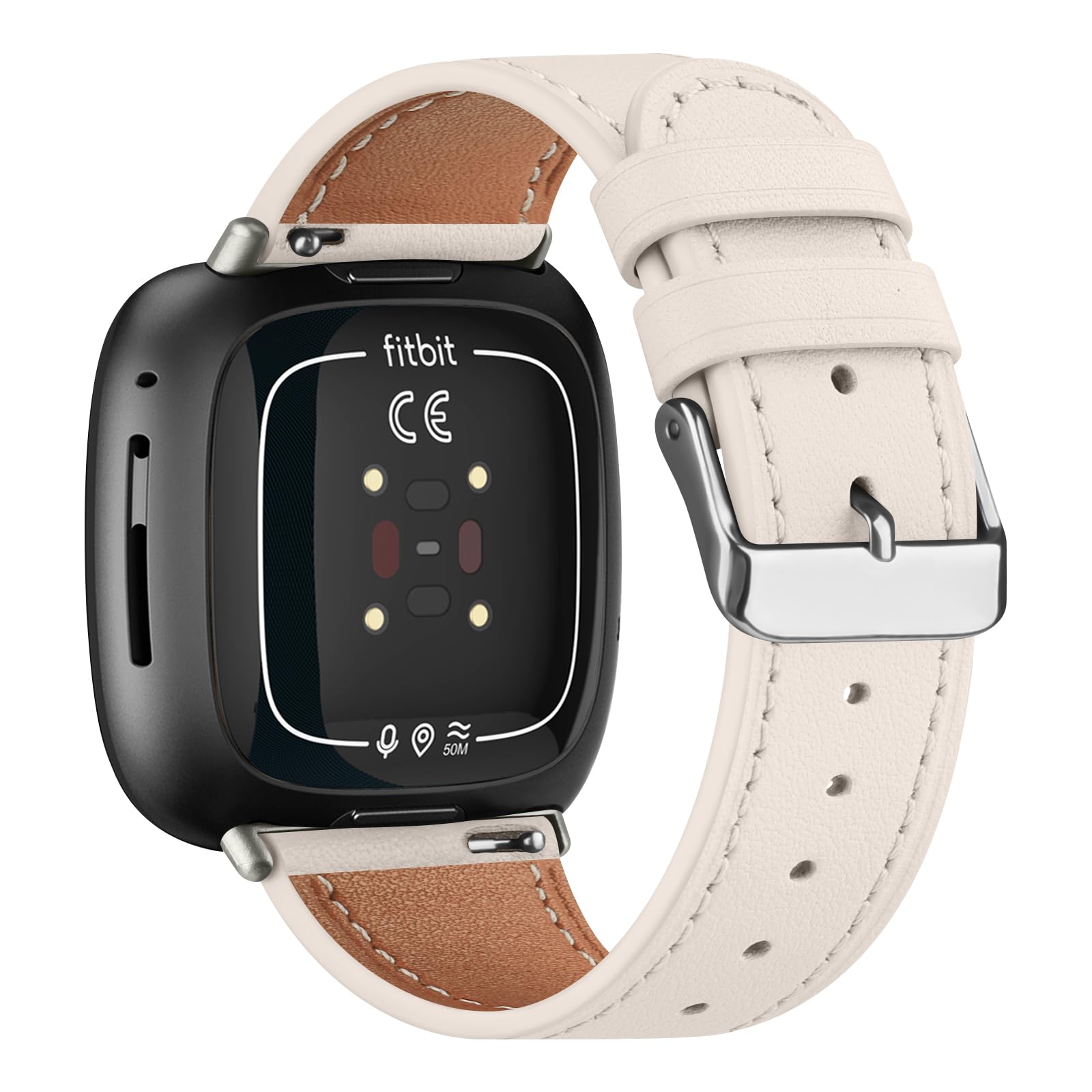 Genuine Leather Straps for Fitbit Versa 4 /Sense 2 - Women & Men, Starlight - Image 2