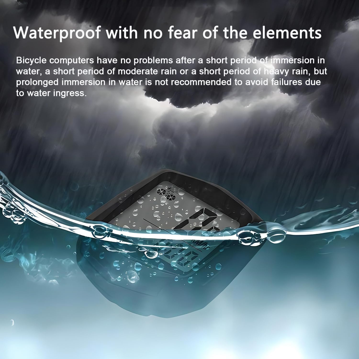 Image showing the bike computer partially submerged in water, illustrating its waterproof capability.