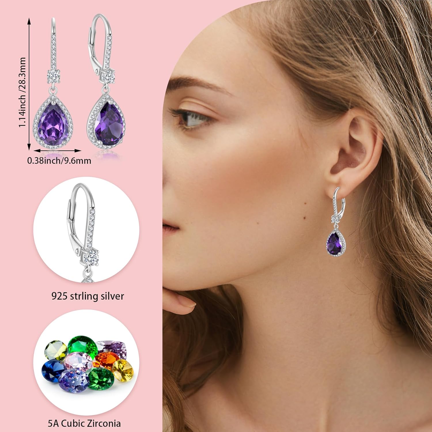 Teardrop Leverback Birthstone Earrings for Women 925 Sterling Silver 5A Cubic Zircon Dangle Drop Birthstone Earrings Jewelry Anniversary Birthday Christmas Gifts for Her - Image 5