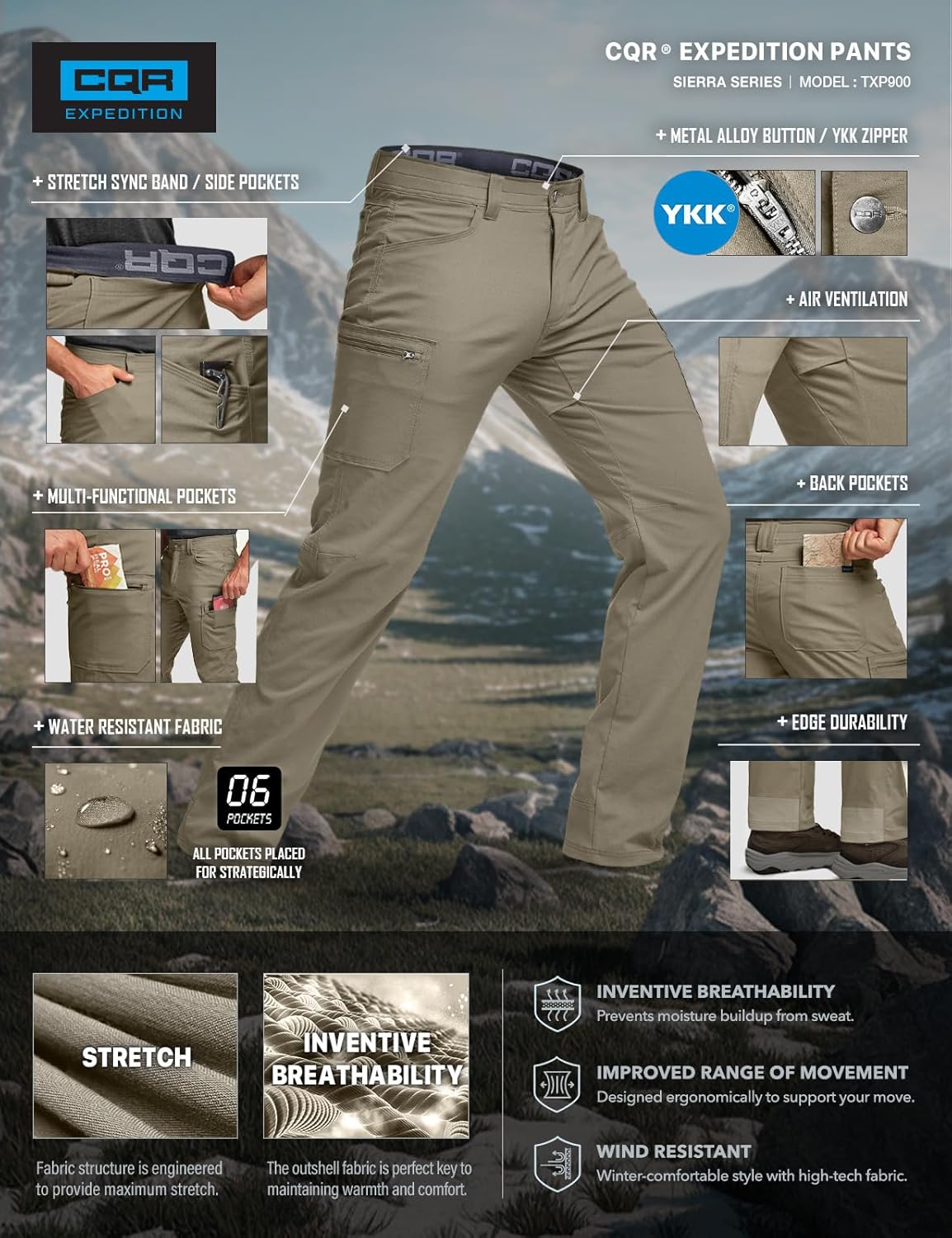 CQR Men's Active Flex Tactical Pants, Water Resistant Lightweight Stretch Cargo Work Hiking Pants - Image 9
