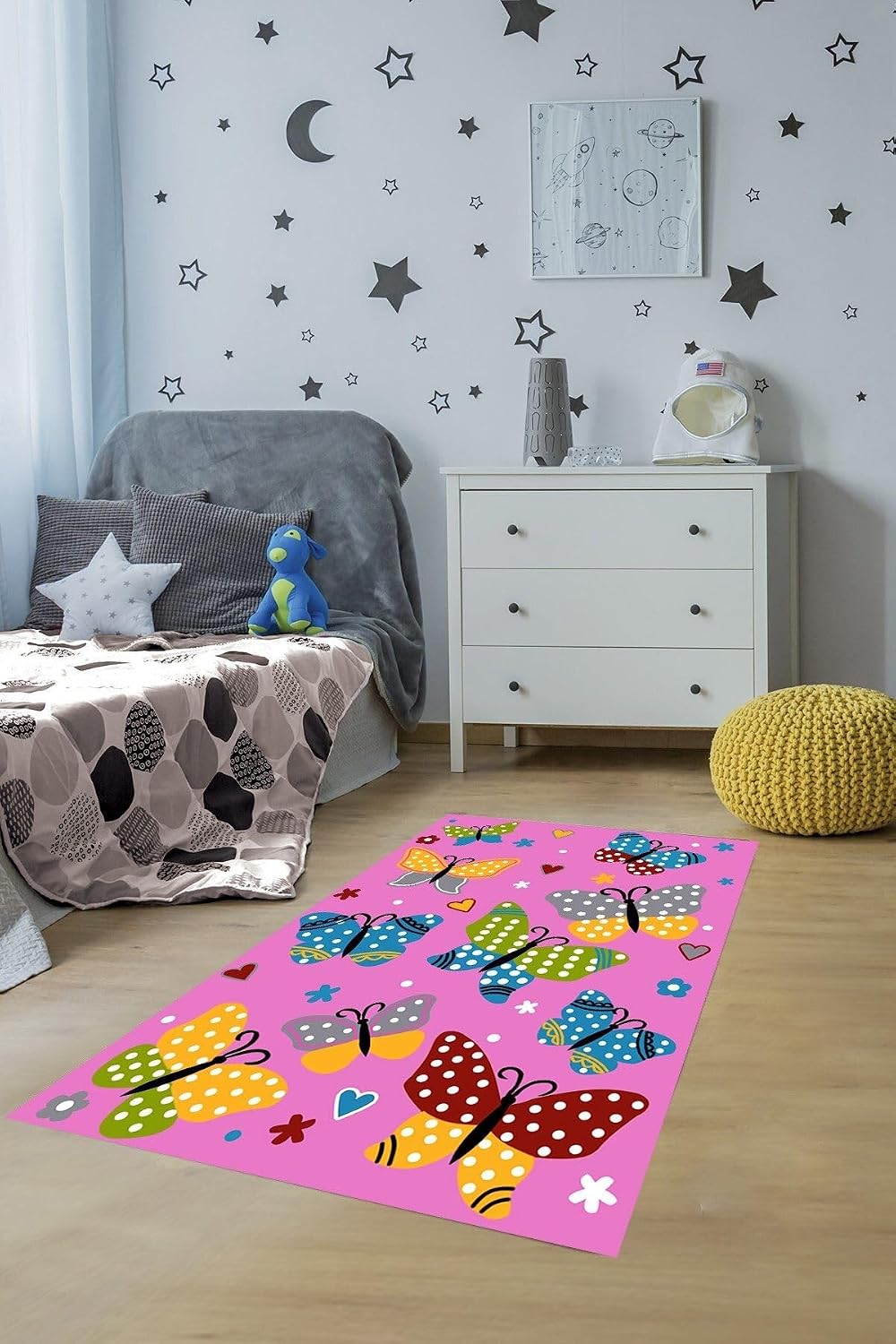 Pelangi Kalp ve Kelebek Desen Pembe Yıkanabilir Kaymaz Taban Leke Tutmaz Çocuk Odası Halısı, Sarı-Yeşil-Gri-Kırmızı-Mavi 100 x 600