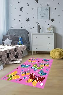 Pelangi Kalp ve Kelebek Desen Pembe Yıkanabilir Kaymaz Taban Leke Tutmaz Çocuk Odası Halısı, Sarı-Yeşil-Gri-Kırmızı-Mavi 100 x 600