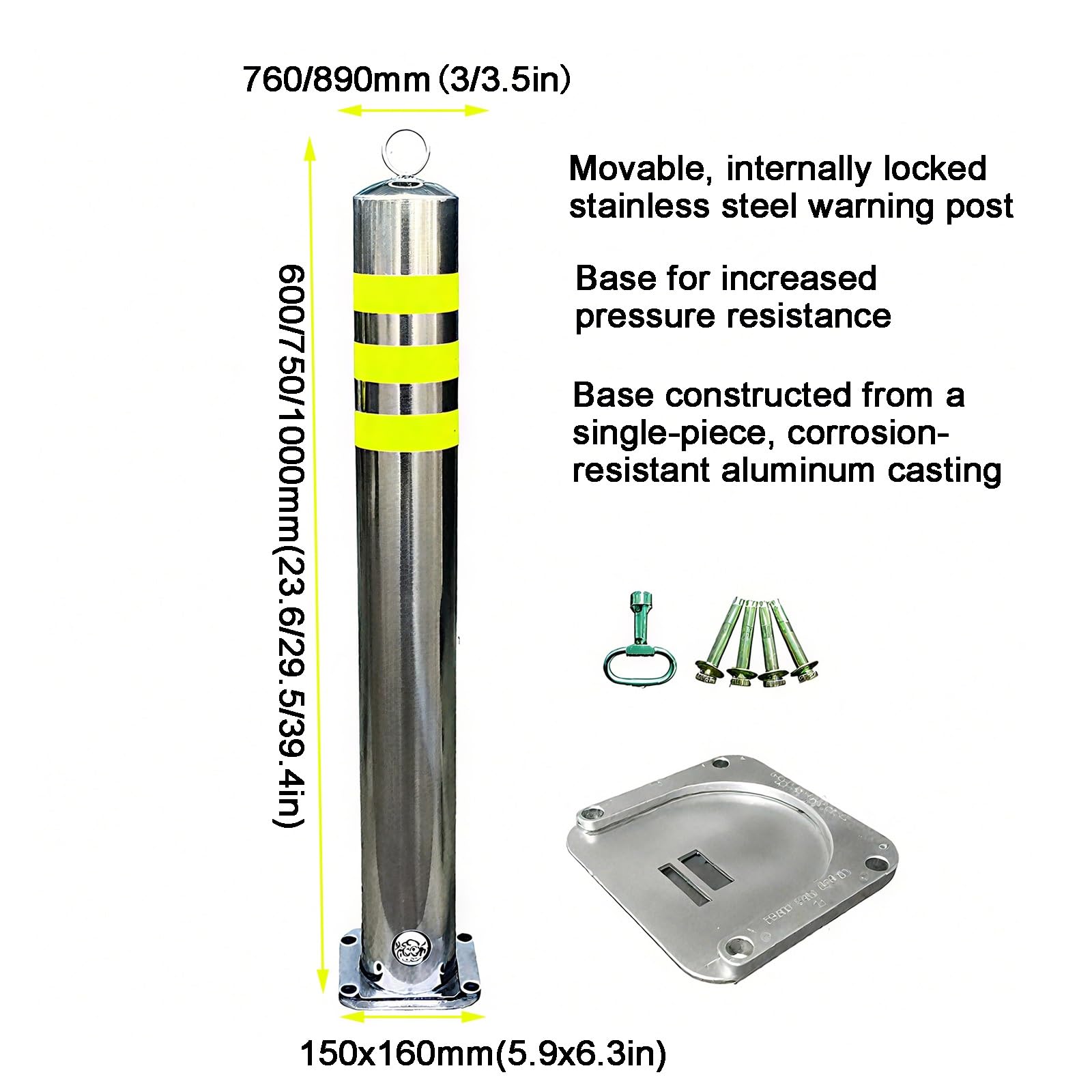 Postes de Seguridad, Poste de bolardo Acero Inoxidable extraíble, Metal(7.6 * 60cm/3 * 23.6in)