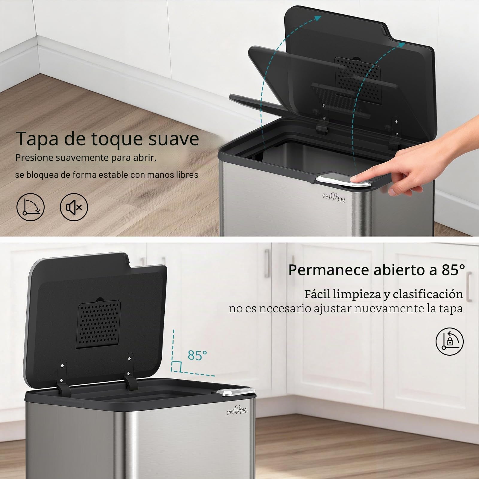 mVm Cubo de Basura con Presión Manual 60L, Acero Inoxidable Antihuellas con Soporte Desmontable, Tapa Amortiguada y Cubo Interior Extraíble
