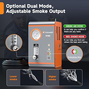 FOXWELL ST203 Smoke Machine Leak Detector with Air + Smoke Dual Mode, Pressure Gauge & Flow Meter, Built-in Air Pump, Tester for Intake, Exhaust, Vacuum & Fuel Systems on Most 12V Vehicles