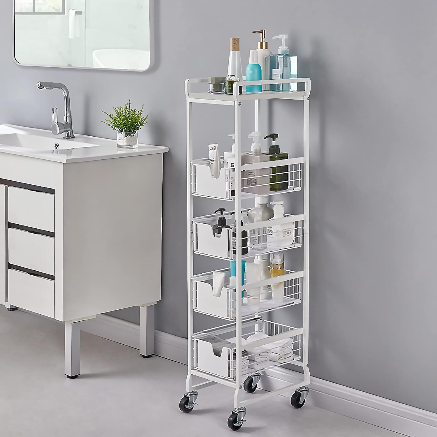 Slim Storage Tower, Metal Mesh Rolling Utility Cart with 4