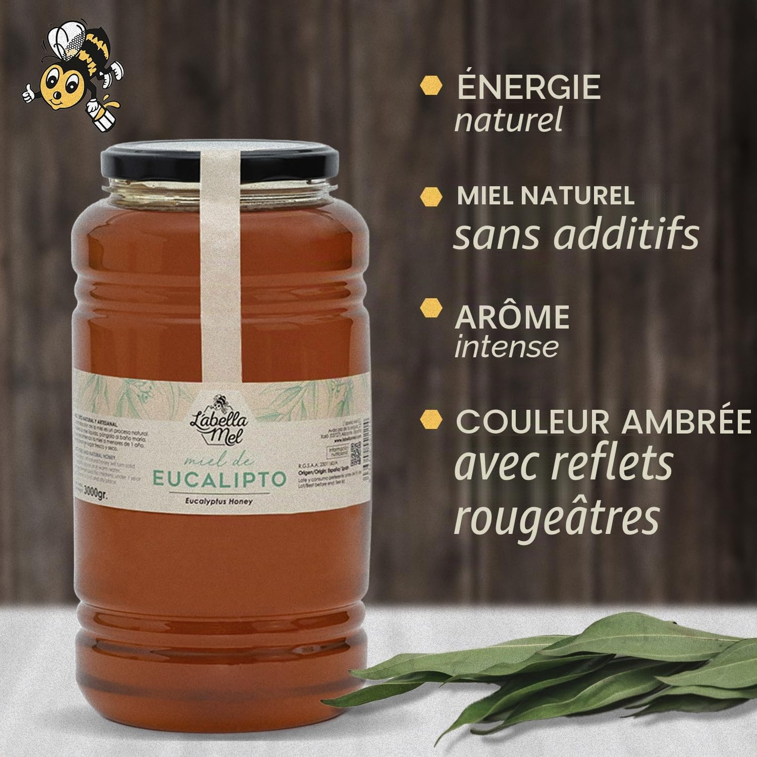 L'Abella Mel | Miel d'Eucalyptus Pur 100% Naturel | Miel d'Abeille Sans Additifs ni Sirops Ajoutés | Apiculture Familiale Depuis 4 Générations | Pot 3 kg