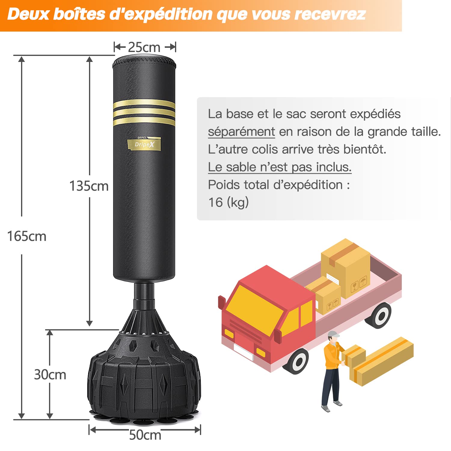 Dripex Sac de Frappe sur Pied 165 cm Sac de Boxe pour Adulte Punching Ball Autoportant avec 12/19 Ventouses Équipement pour Boxe, Kick-Boxing, Arts Martiaux, MMA