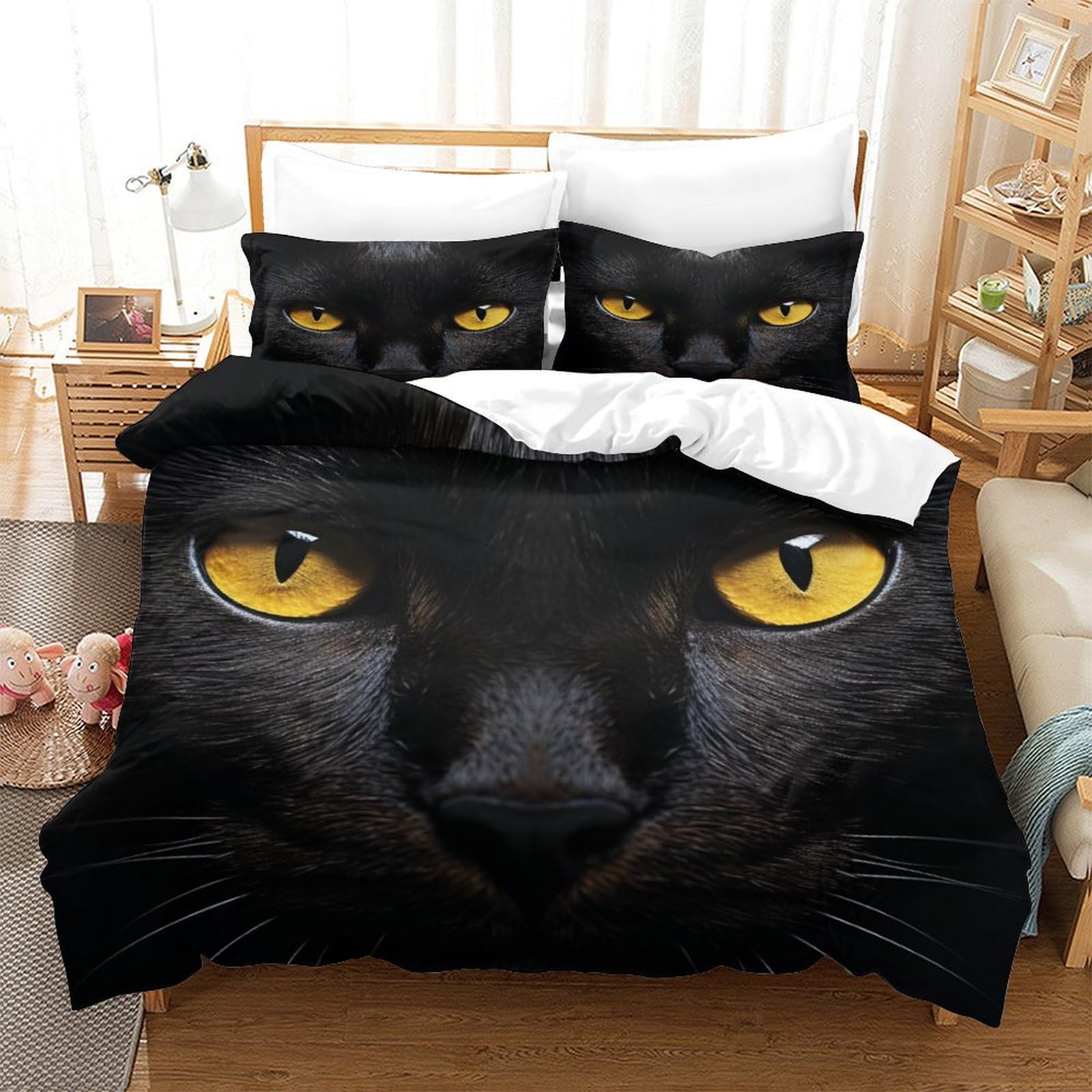 P1S9U7W5Y Artistic 3D Printed Black Cat Duvet Cover Set 3pcs Microfiber Cat Bedding Set King