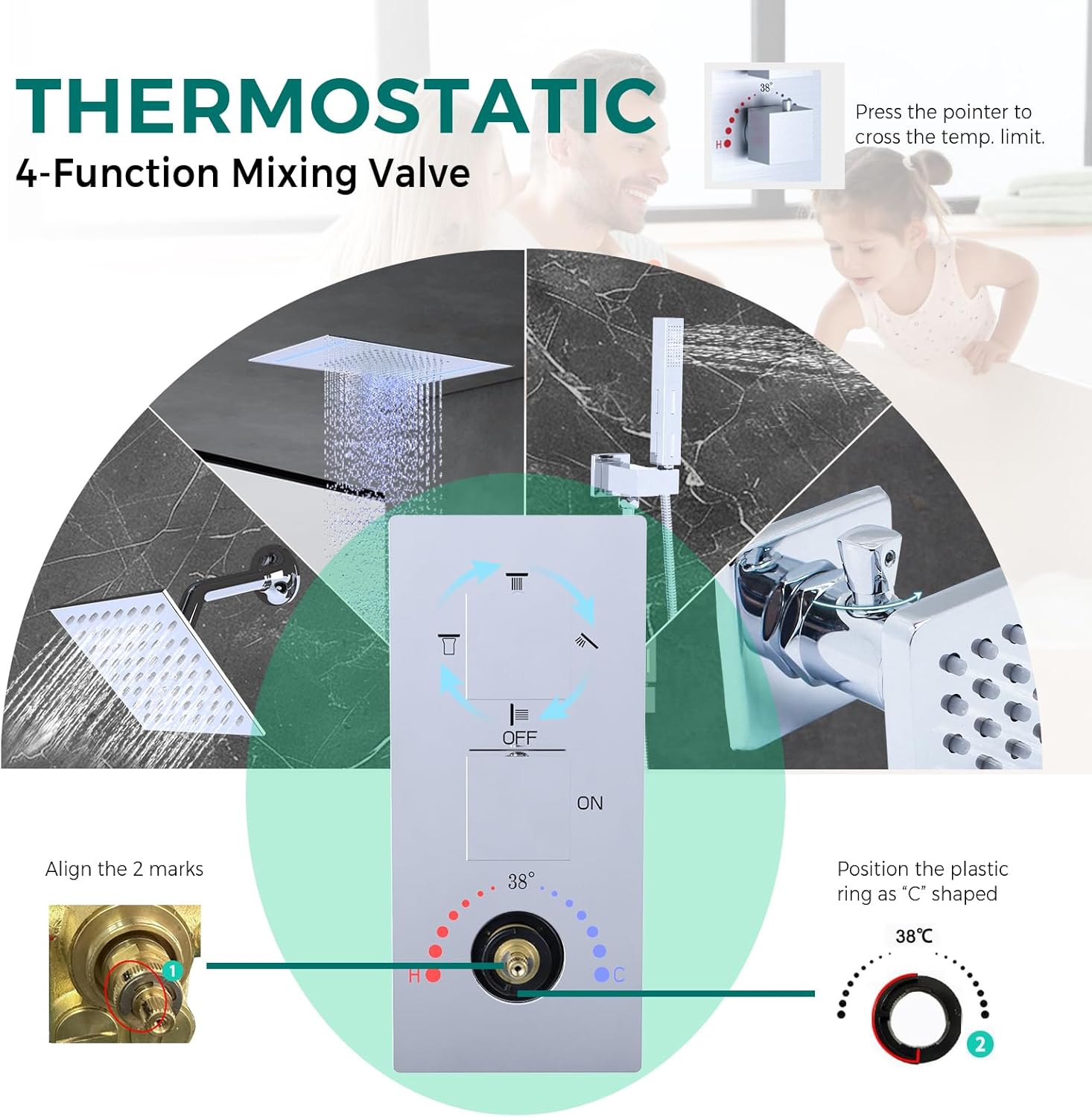 Thermostatic Dual Heads Shower System Chrome Faucets Set, 4-Way Full Body Spray Shower Fixtures 14X20" LED Rainfall Shower Head with 6" Wall Mount Showerhead, Dual-mode Handheld, 4 Jets with Shut-Off
