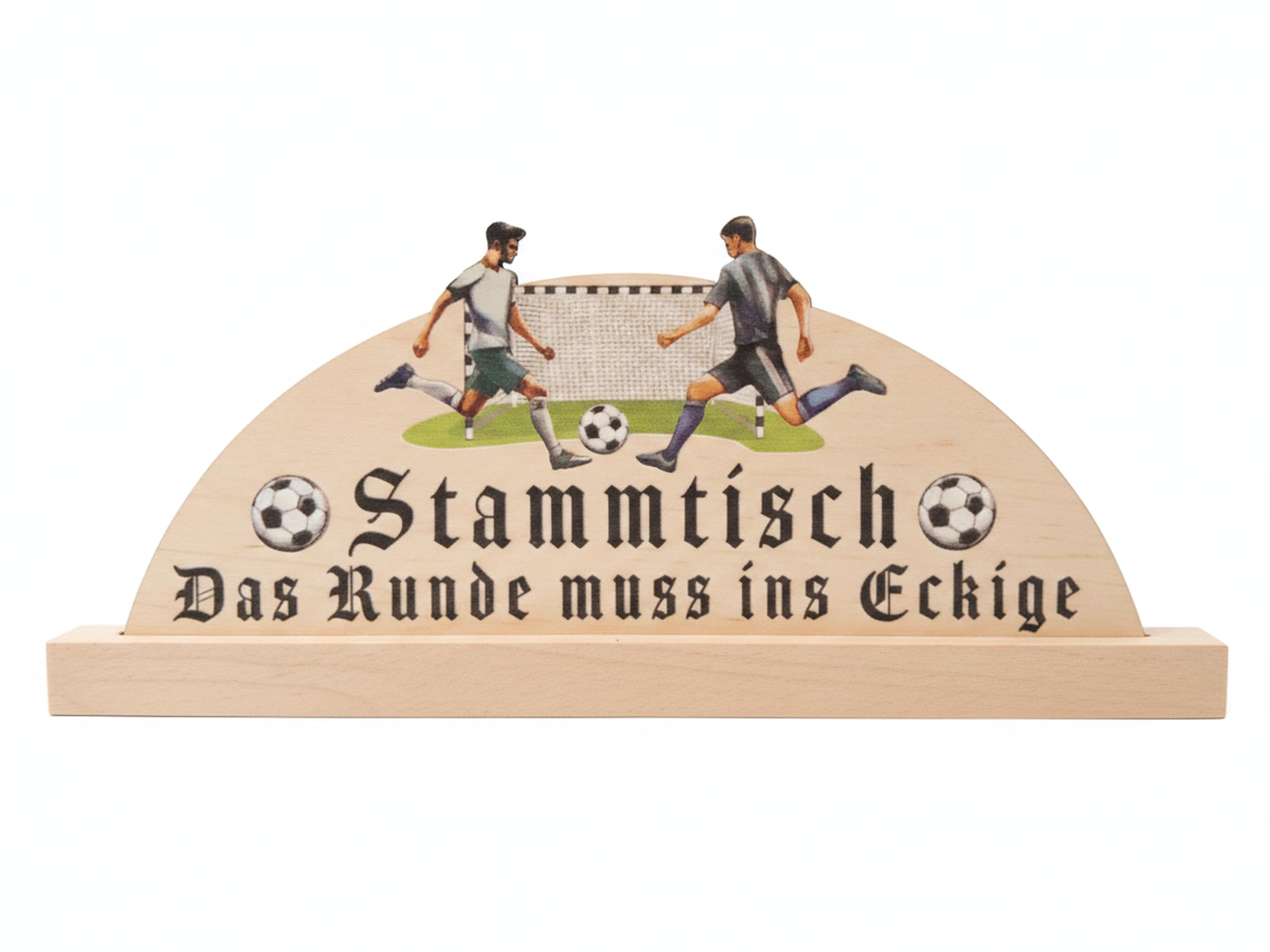 Kaltner Präsente Fußball Stammtisch Schild Holz 30 cm – Das Runde muss ins Eckige – Stammtisch Deko Fußball – Tischaufsteller für Vereinsheim, Sportbar, Fanclub & Partykeller – Geschenk Männer