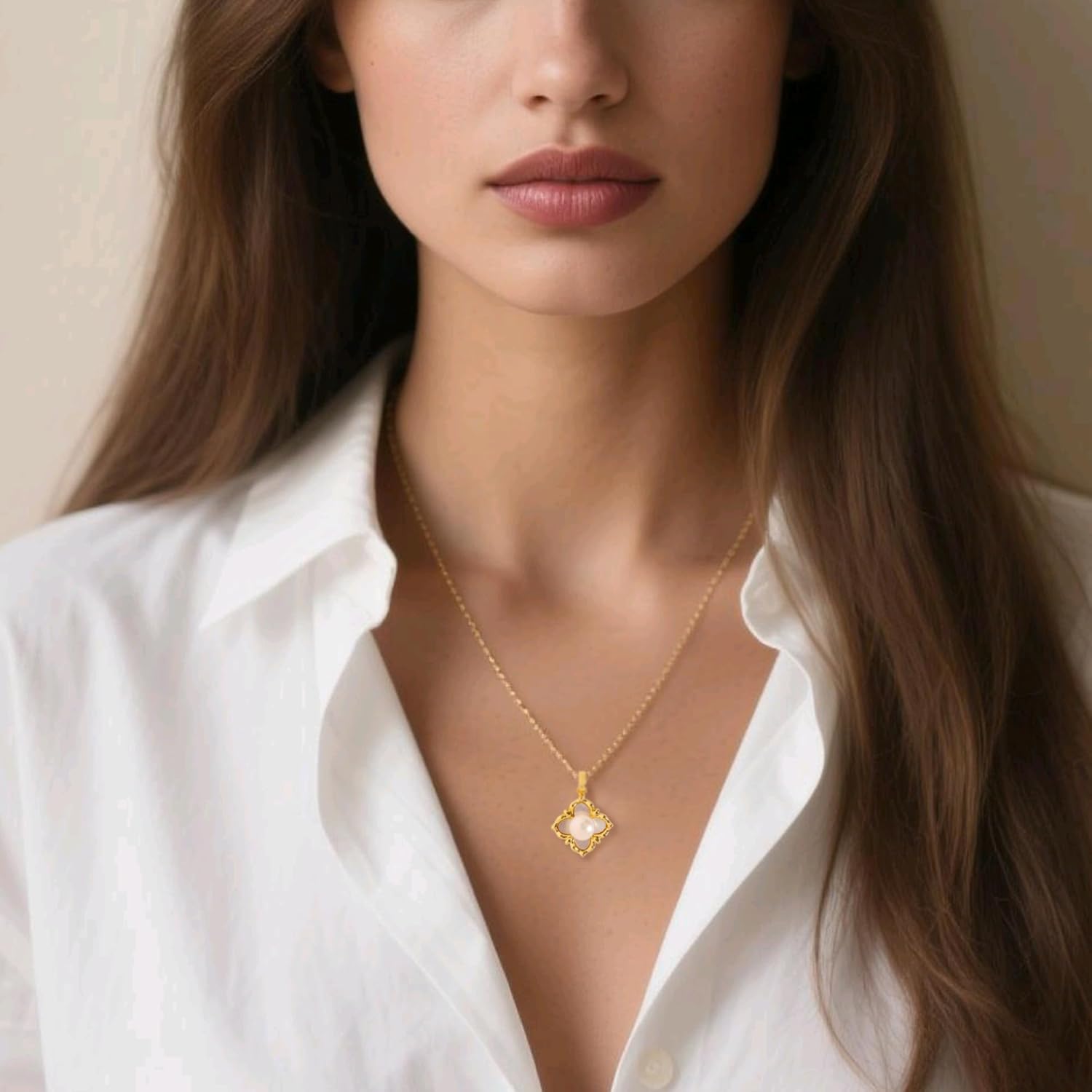 IDOKAWA 6-7mm Natural Freshwater Pearl Gold Clover Necklace for Women Dainty Pendant Necklace Adjustable Chain Choker Charm White Clover Pendant Lucky Necklaces for Women Jewelry