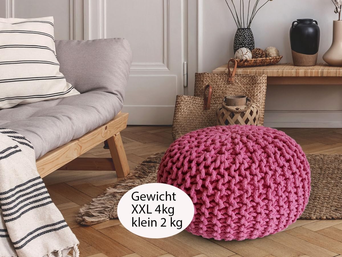 Strickhocker XXL Pouf Ø55 H37cm Bodenkissen Sitzpouf Baumwolle nachhaltig Farbe pink