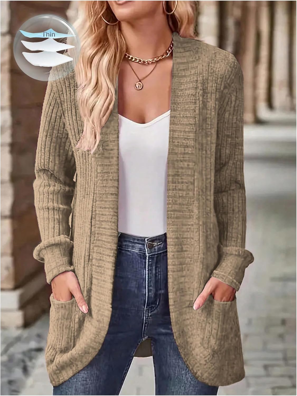 SHENHE Women's Lightweight Open Front Soft Cardigan with Pockets Casual Comfy Sweater Jacket - Image 4