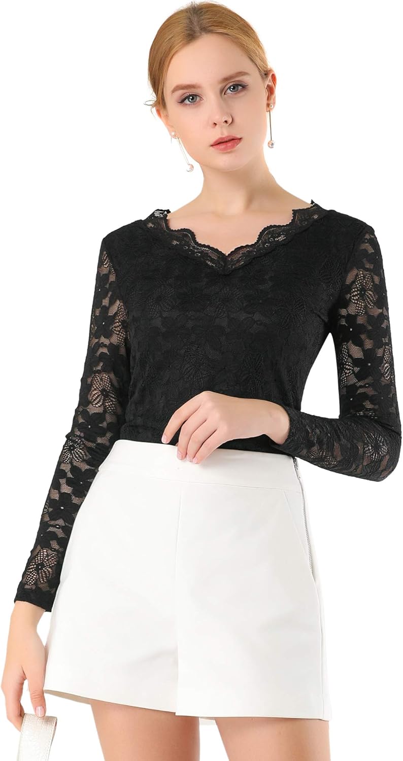 Allegra K Women's Floral Embroidery Sheer Long Sleeves Lace Blouse Top