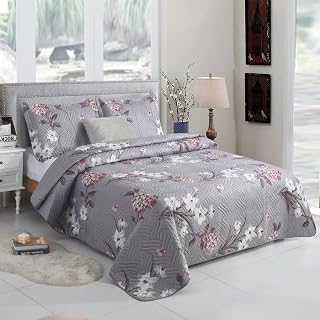 3 piezas Colcha acolchada reversible de retazos, colcha ligera con estampado floral, manta de microfibra suave con 2 fundas de almohada para cama doble y king size 220 cm x 240 cm. MILAN-117WV