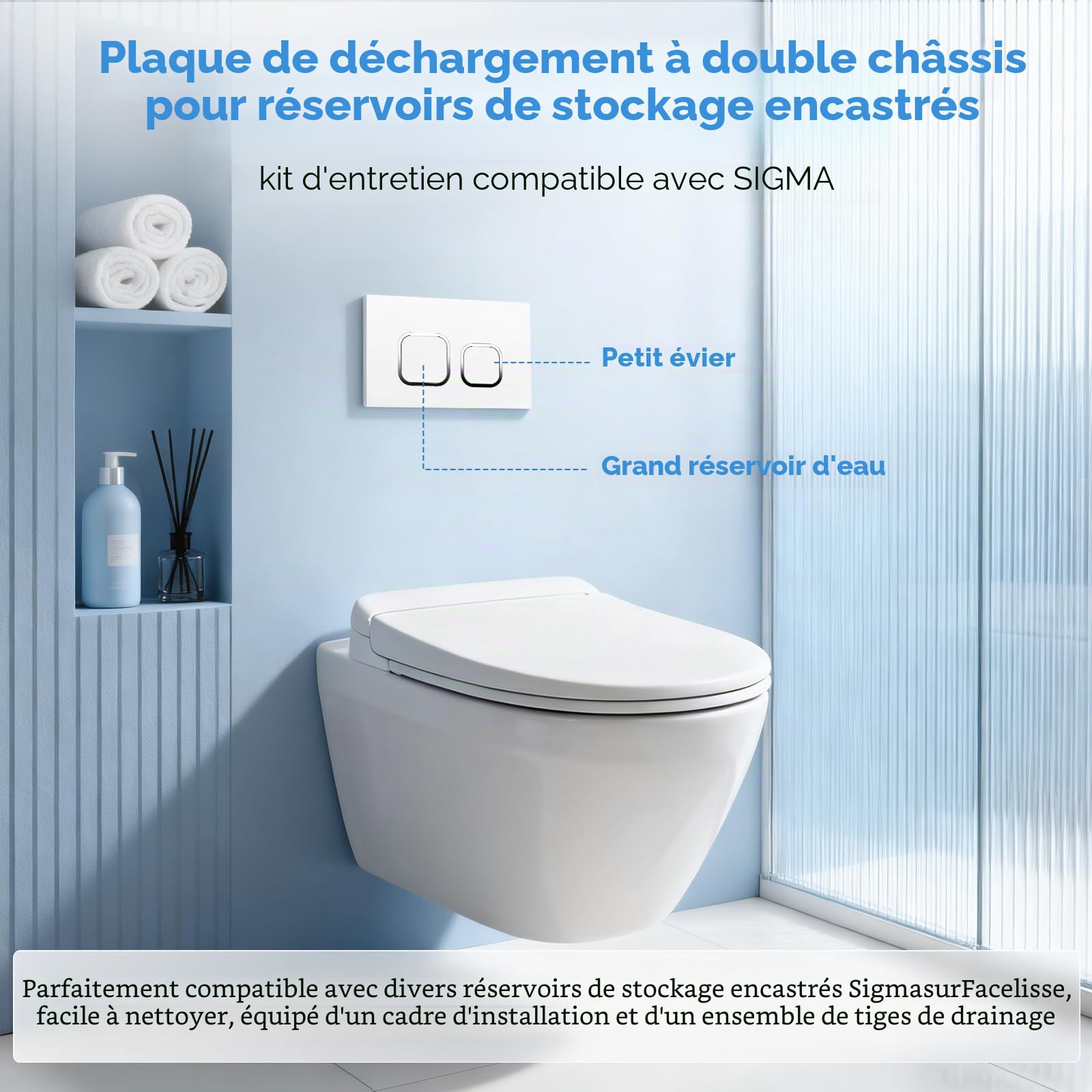Plaque de commande WC compatible avec Geberit Sigma, UP300 & UP320, plaque de déclenchement pour chasse à 2 débits, équipée d'un kit de levier de chasse et d'un cadre de montage (blanc)