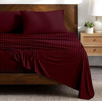 Extra Deep Pocket Twin XL Sheet Set, 4 PCs Bedding Set, 100% Egyptian Cotton, 400 Thread Count, 22-Inch Deep Pocket Fitted Sheet with Elastic All Around, Soft, Breathable, Durable, Burgundy Stripe