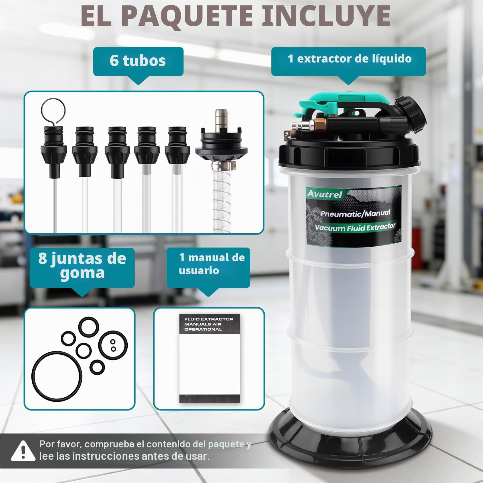 5,3L Manual y Neumática Bomba Succión de Aceite | Bomba Extractora de Fluidos Líquido de Transmisión con 6 Mangueras y Válvula de Seguridad, Bomba de Cambio de Aceite de Motor