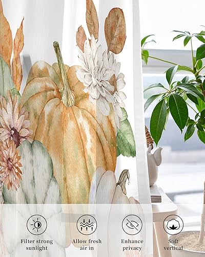 Miniatura 4 de Pumpkins Sheer Curtains 24 Inch Length Light Filtering Curtain Panel for Windows, Autumn Farmhouse Flowers and Plants Texture Grommet Semi Sheer