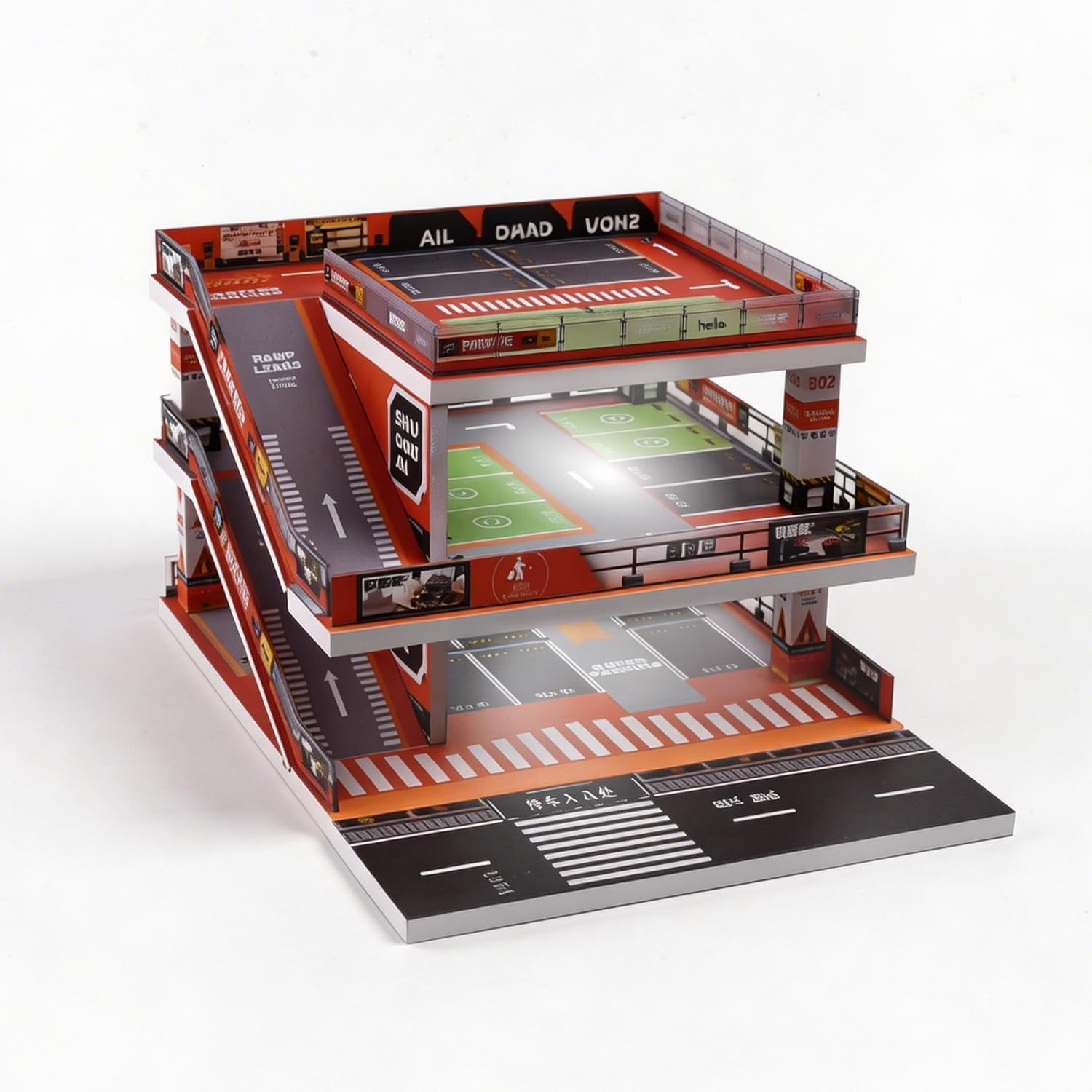 Fremego 1/64 Scale Garage Diorama with LED Lights, Simulation Ramp Scene Parking Lot Model for Diecast Cars Display Case for Collection Gift