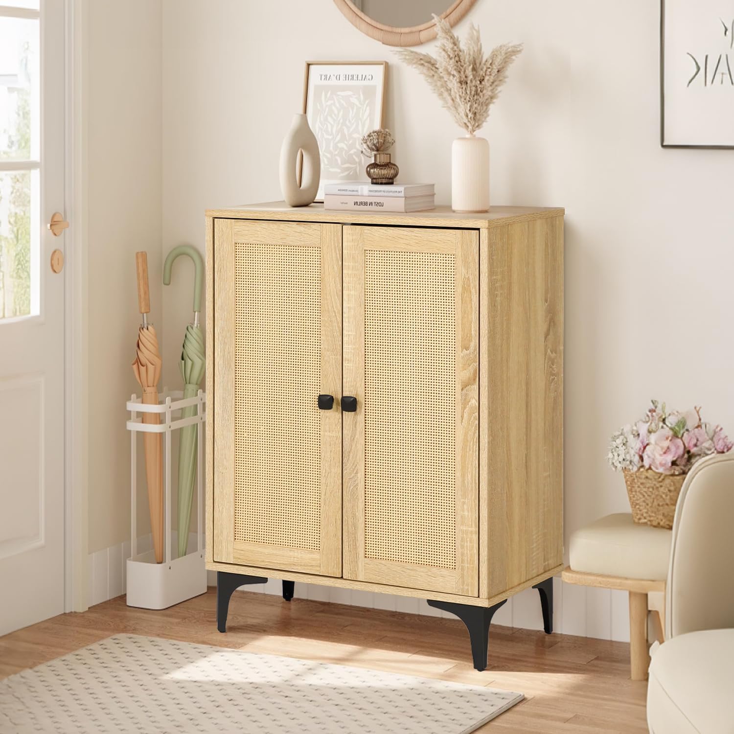 Rattan 2-Door Storage Cabinet Buffet - Boho Small Sideboard with Adjustable Shelves for Pantry Kitchen Entryway, Natural Weave 23.6" W x 15" D x 33.3" H
