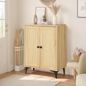 Rattan Cabinet, Buffet Cabinet with Storage, Boho Small Sideboard with Adjustable Shelves for Pantry Kitchen Entryway, Natural Weave 23.6" W x 15" D x 33.3" H