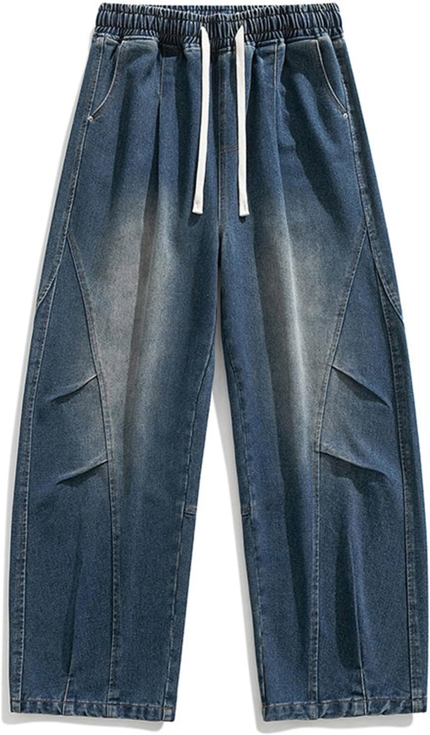 Baggy Denim Pants for Men Drawstring Elastic Waist Pleated Loose Pants Vintage Fashion Street Jeans with Pockets