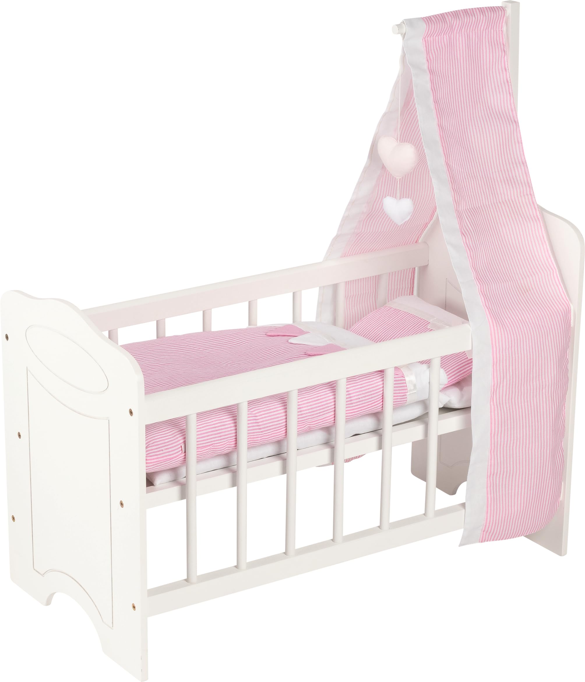 51762 goki - Puppenbett Holz mit Himmel und Bettzeug - Baby Bett für Puppen - Puppenmöbel Kinder Zubehör - Puppenwiege aus Holz für Rollenspiel Kinderzimmer 63,4 x 31,5 x 67 cm