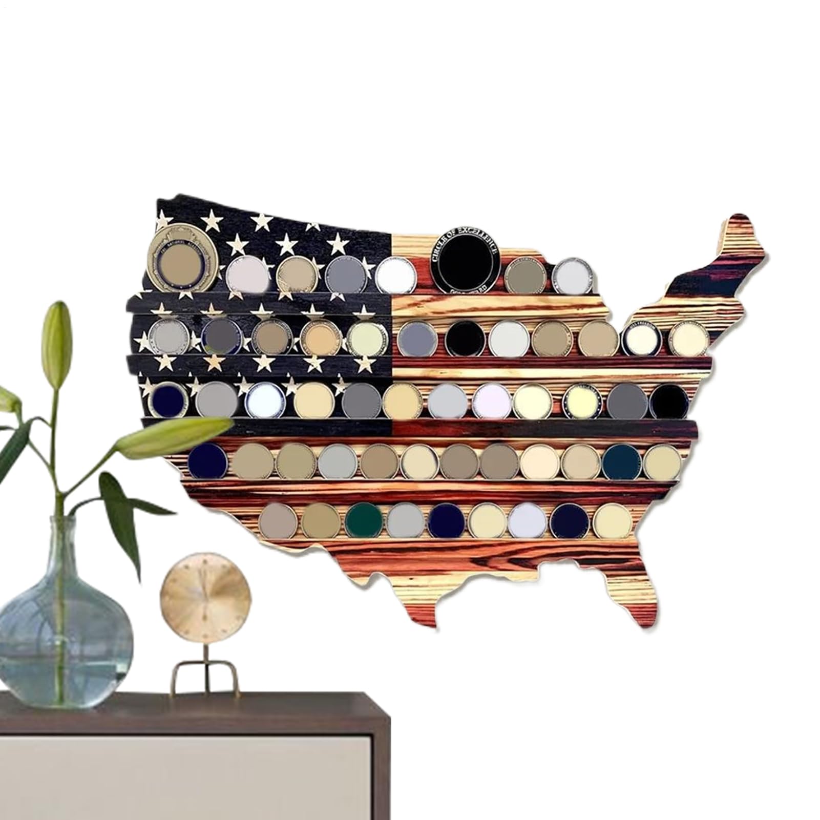 Exhibidor de monedas Challenge de madera con diseño de bandera y estantes multinivel para salón