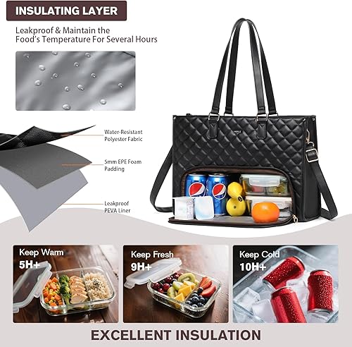 Miniatura 4 de Keyli Juego de 3 bolsas de almuerzo para mujer, bolsa de trabajo para laptop de 15.6 pulgadas con compartimento aislado para lonchera y bolsa de