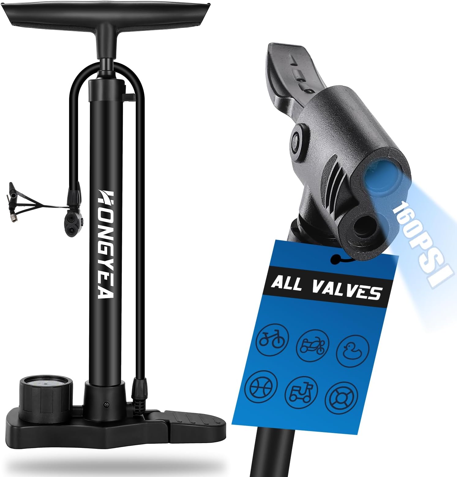 LuTuo Bike Pump with Gauge, 160psi Bike Floor Pump with Presta and Schrader Valve, High Pressure Bicycle Pump Multi-Purpose Portable Air Pump for Road Bike Tire MTB Sports Balls