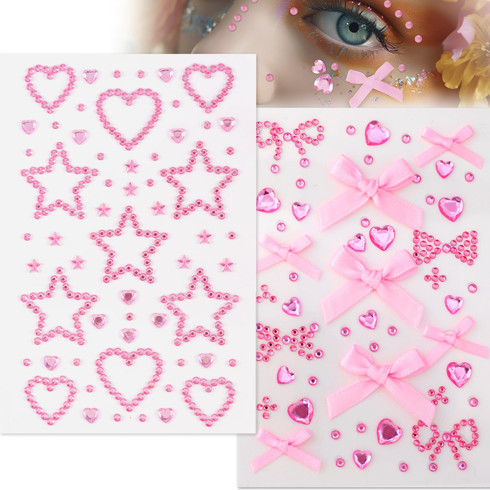 SmallCat 2 Sheets Star Heart Circle Bow Face Gems Stickers, Pink Pink-Style1