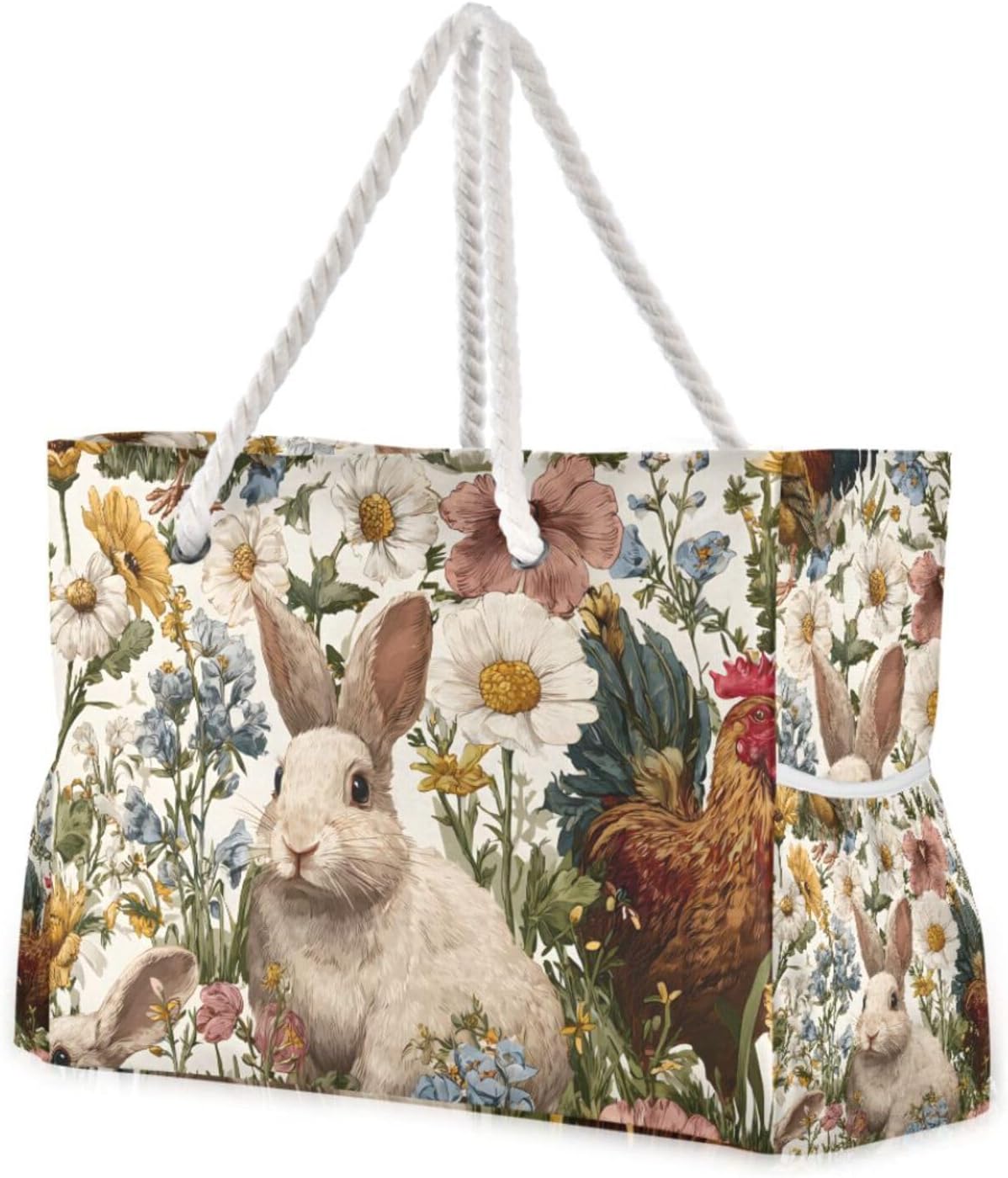 OTVEE Bunny & Rooster Floral Pattern Beach Bags for Women Ladies Large Canvas Tote Shoulder Bag Waterproof Travel Bags for Gym Swim Pool Camping